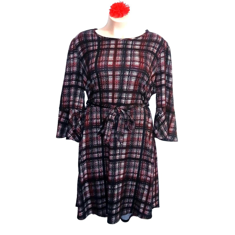 Cato Women Sweater Knit Dress 22 24 3X Burgundy Plaid Bell Sleeve Shift Belted